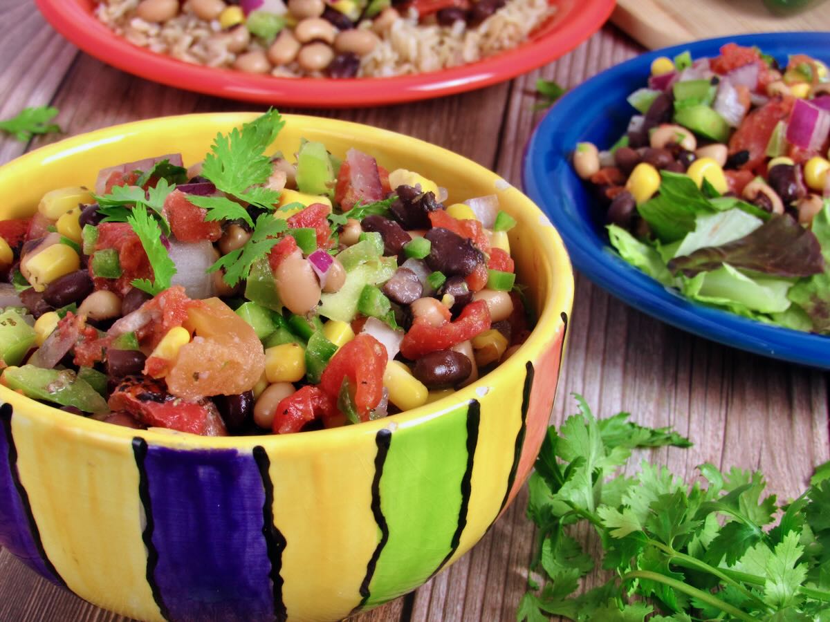 Fresh Cowboy Caviar, served as a bean dip for tortilla chips.