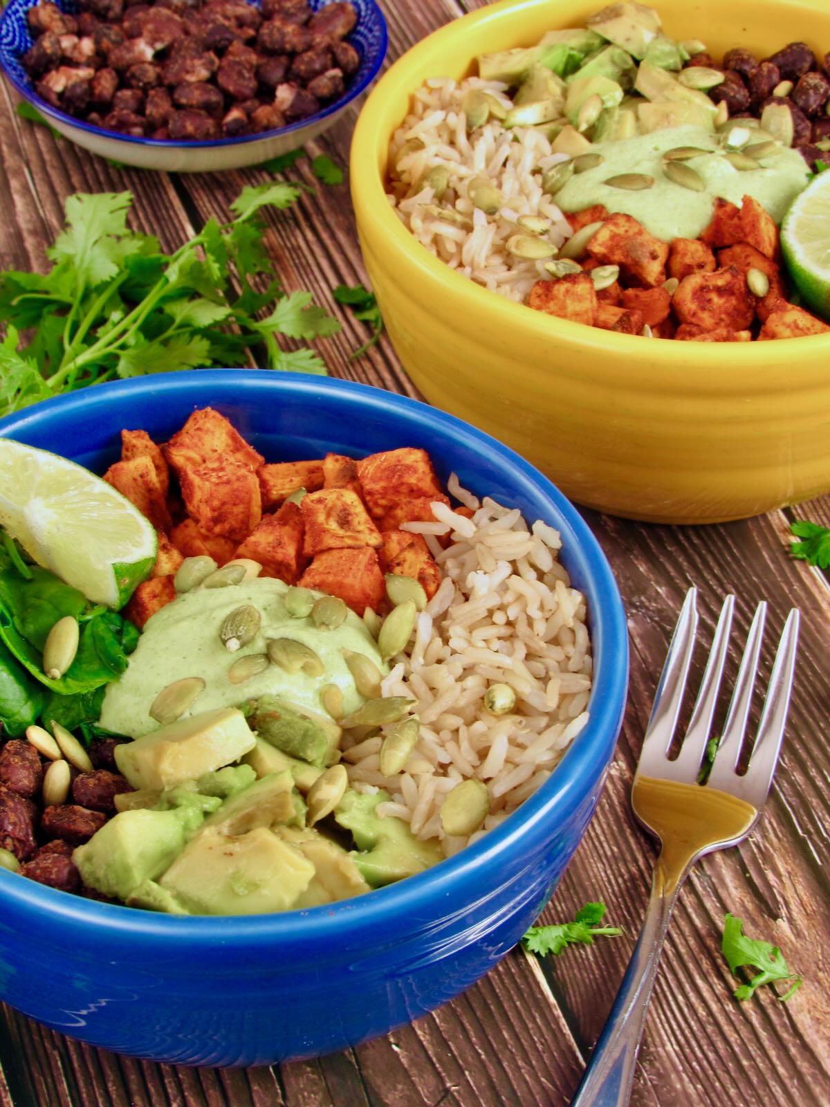 Sweet Potato Buddha Bowl with brown rice and lime.