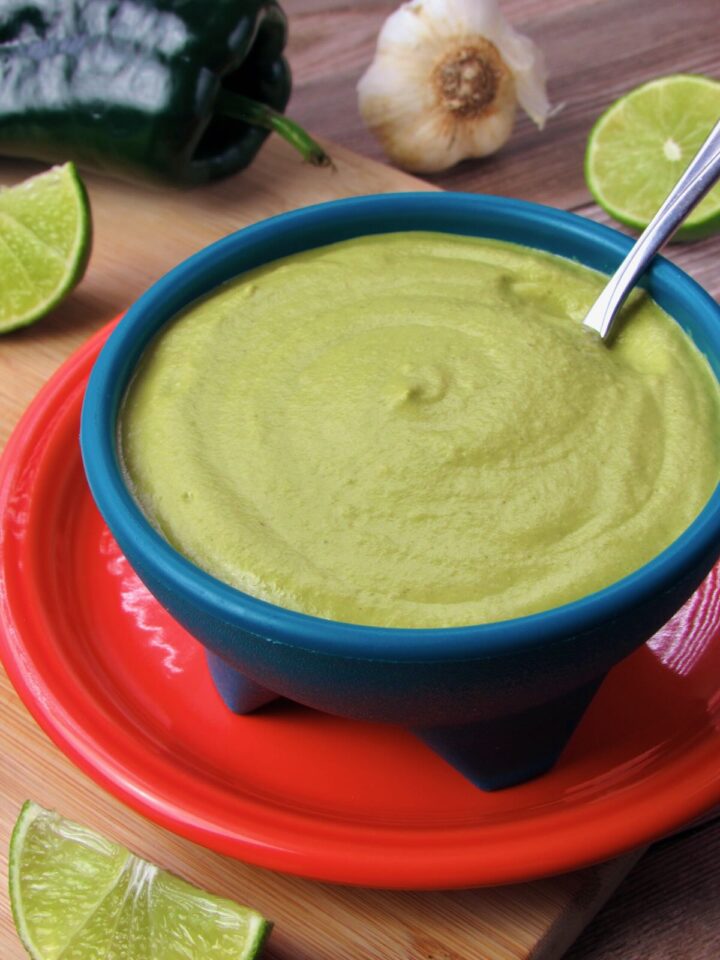 Nondairy Creamy Poblano Sauce recipe for tacos and nachos.