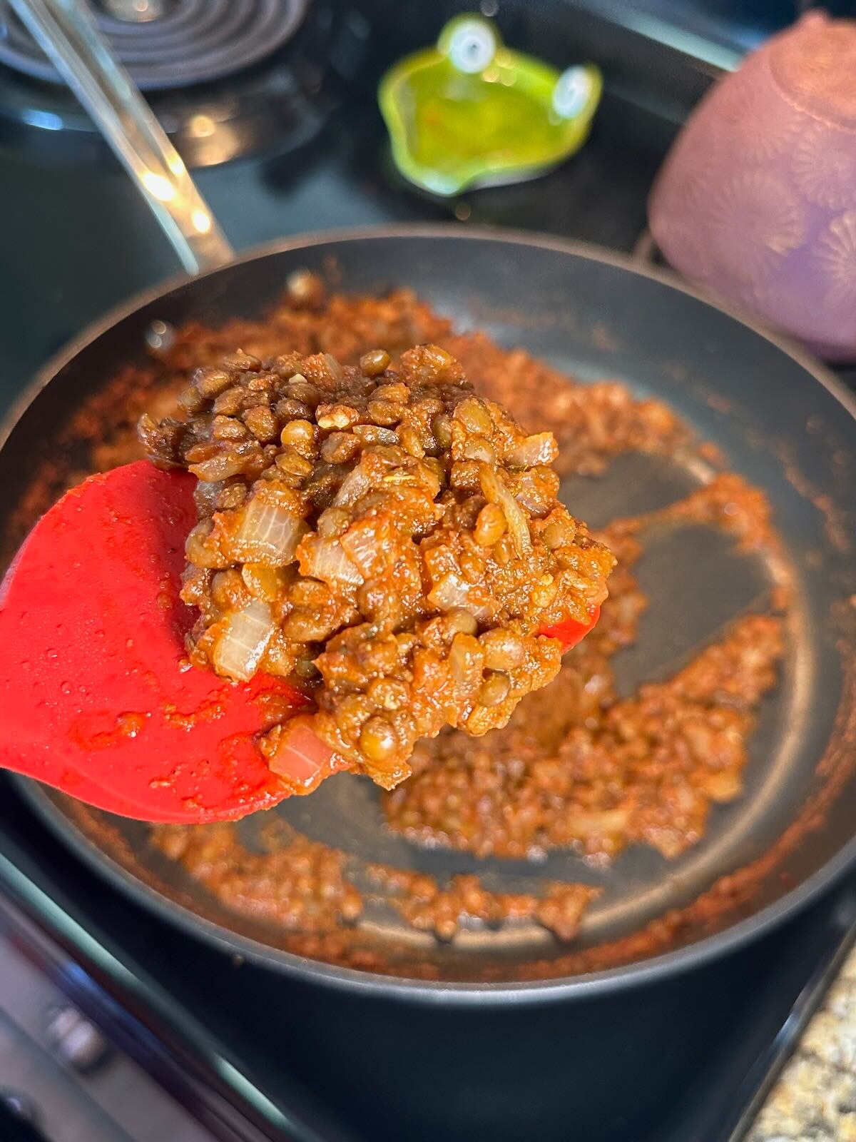 Vegan Lentil Taco Meat thickening while cooking.
