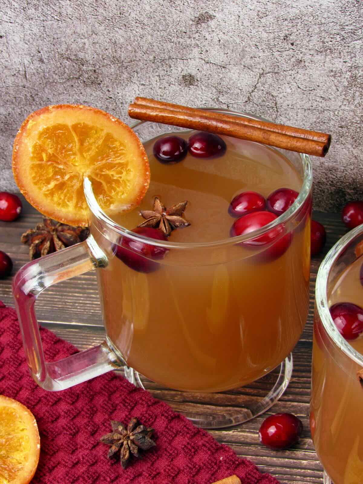 Homemade Spiced Apple Cider, served hot in a mug with cranberries and a cinnamon stick.