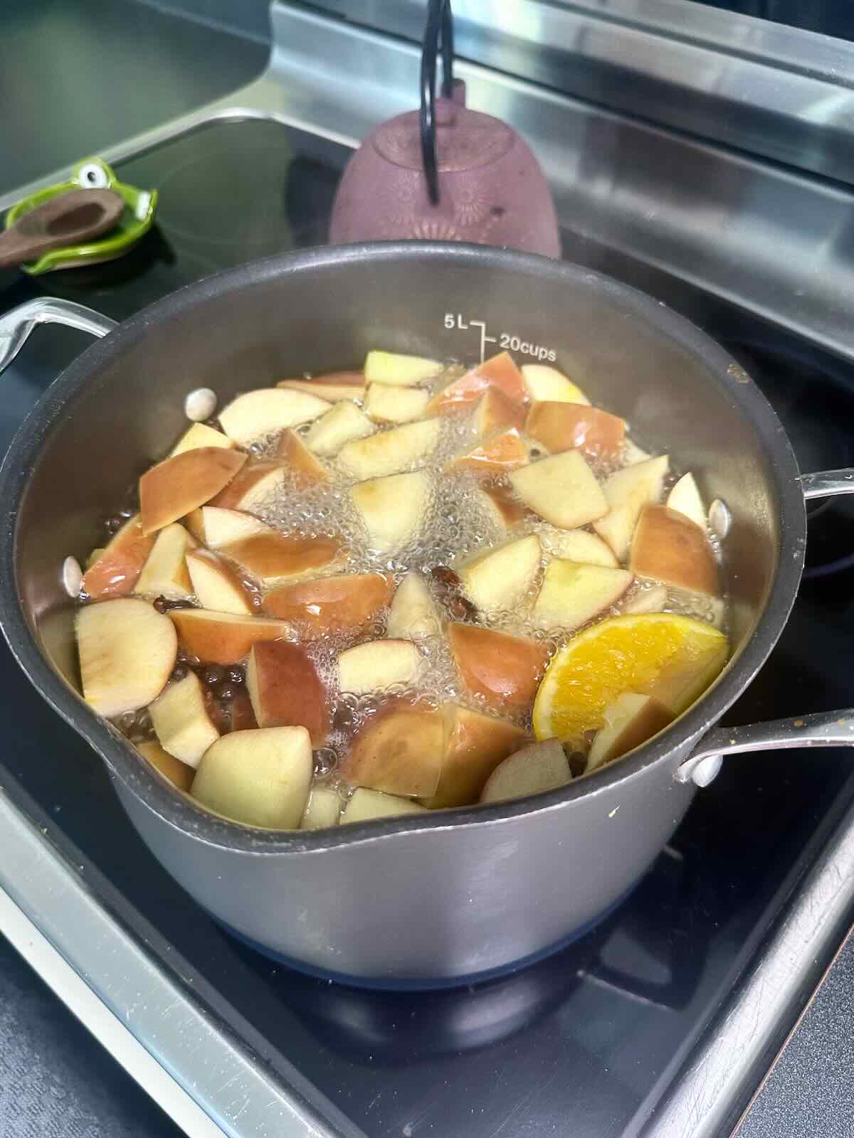 Chopped apples, oranges, and spices simmering in a pot of water to make Homemade Spiced Apple Cider.