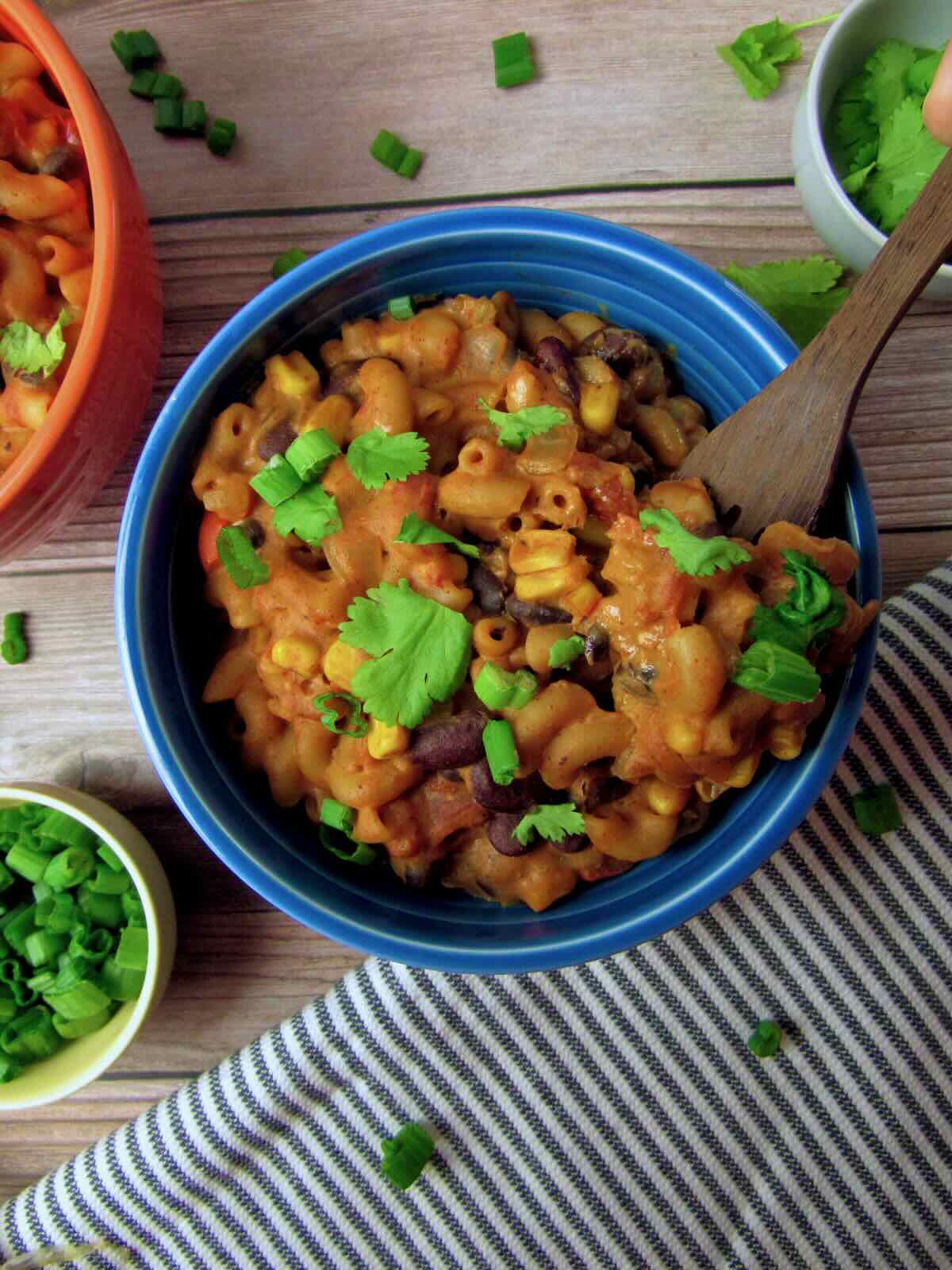Vegan Chili Mac recipe with fresh veggies and beans.