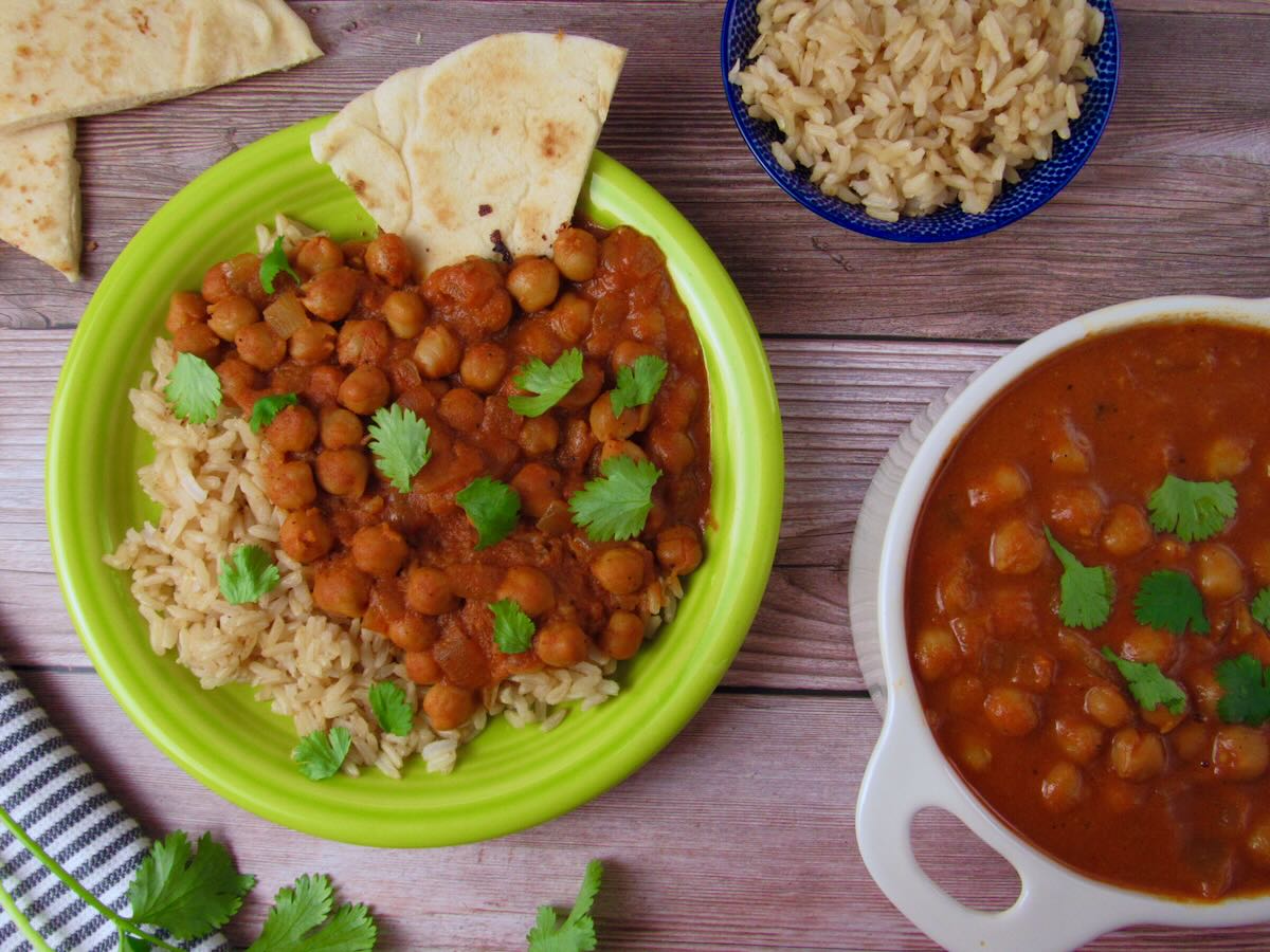 Chickpea Tikka Masala with vegan naan and brown rice.