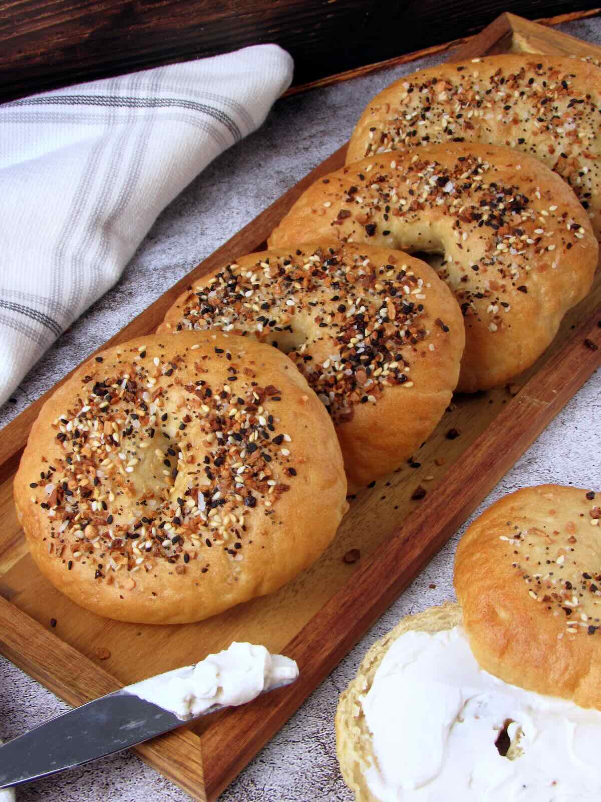 Homemade Bagels with vegan cream cheese and everything bagel seasoning. 