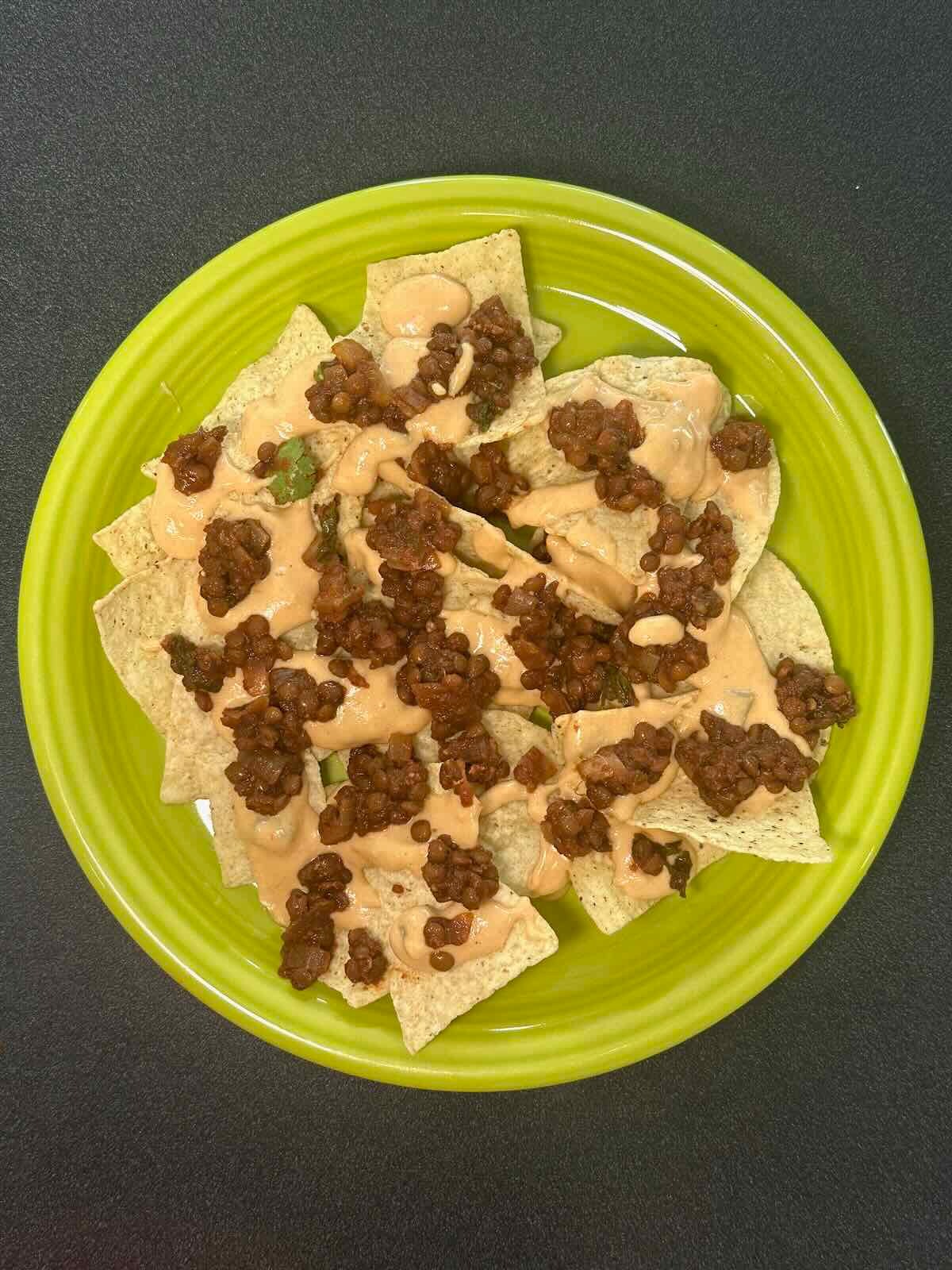 Vegan Nachos with Quick Vegan Queso and Lentil Taco Meat.
