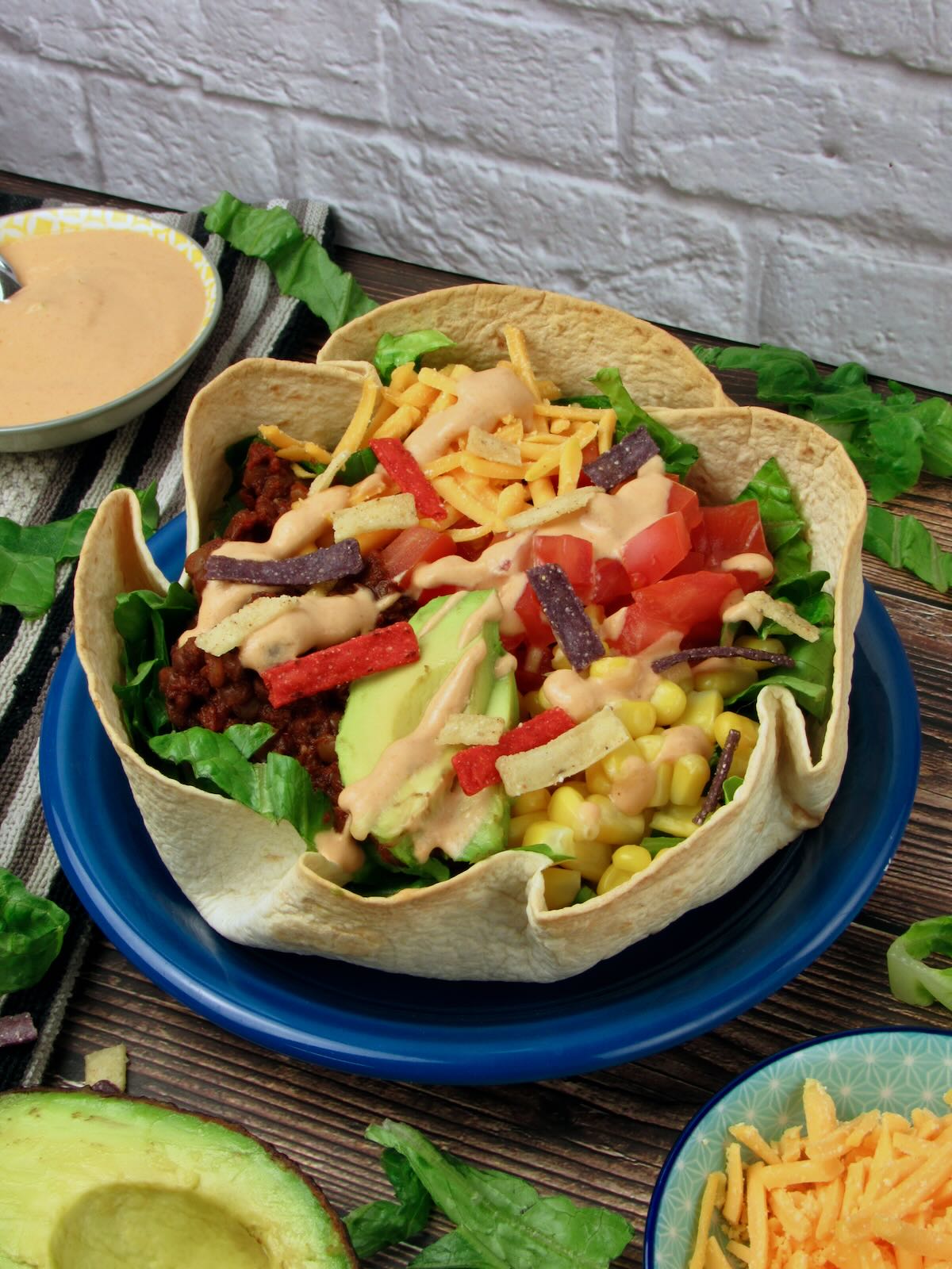 Vegan Taco Salad recipe served in a homemade tortilla bowl.