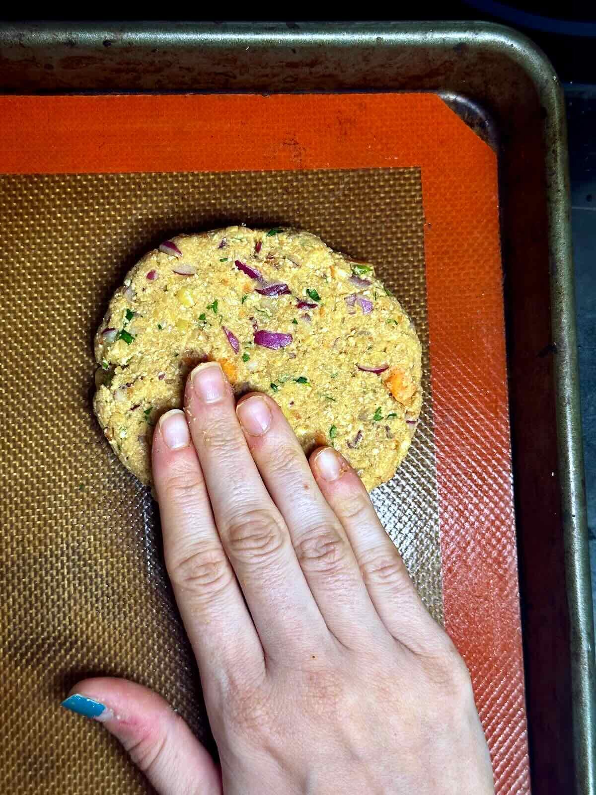 Forming Chickpea Burger Patties to bake. 