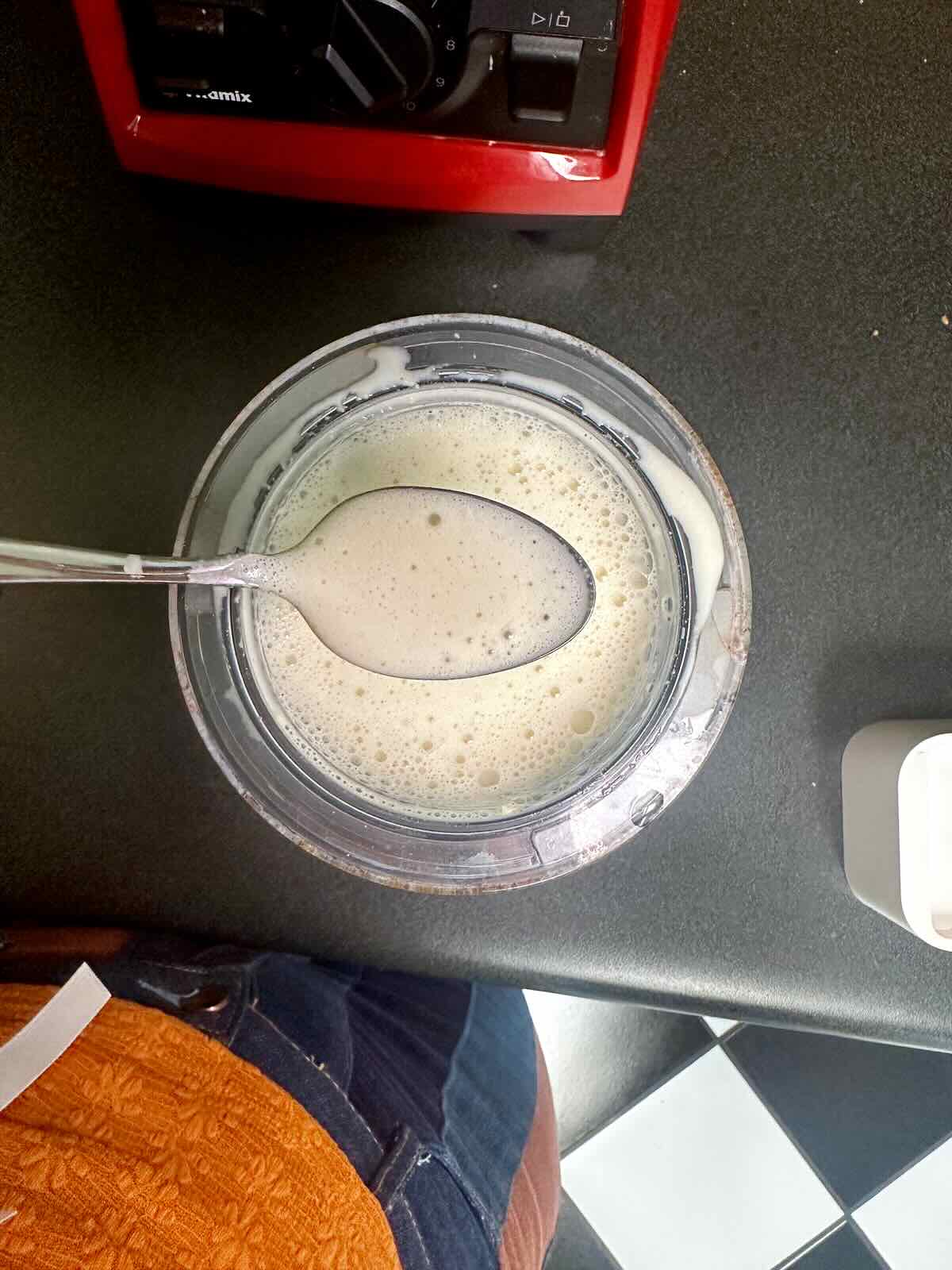 Blended cashew cream sauce for a Creamy Vegan Pasta Bake.