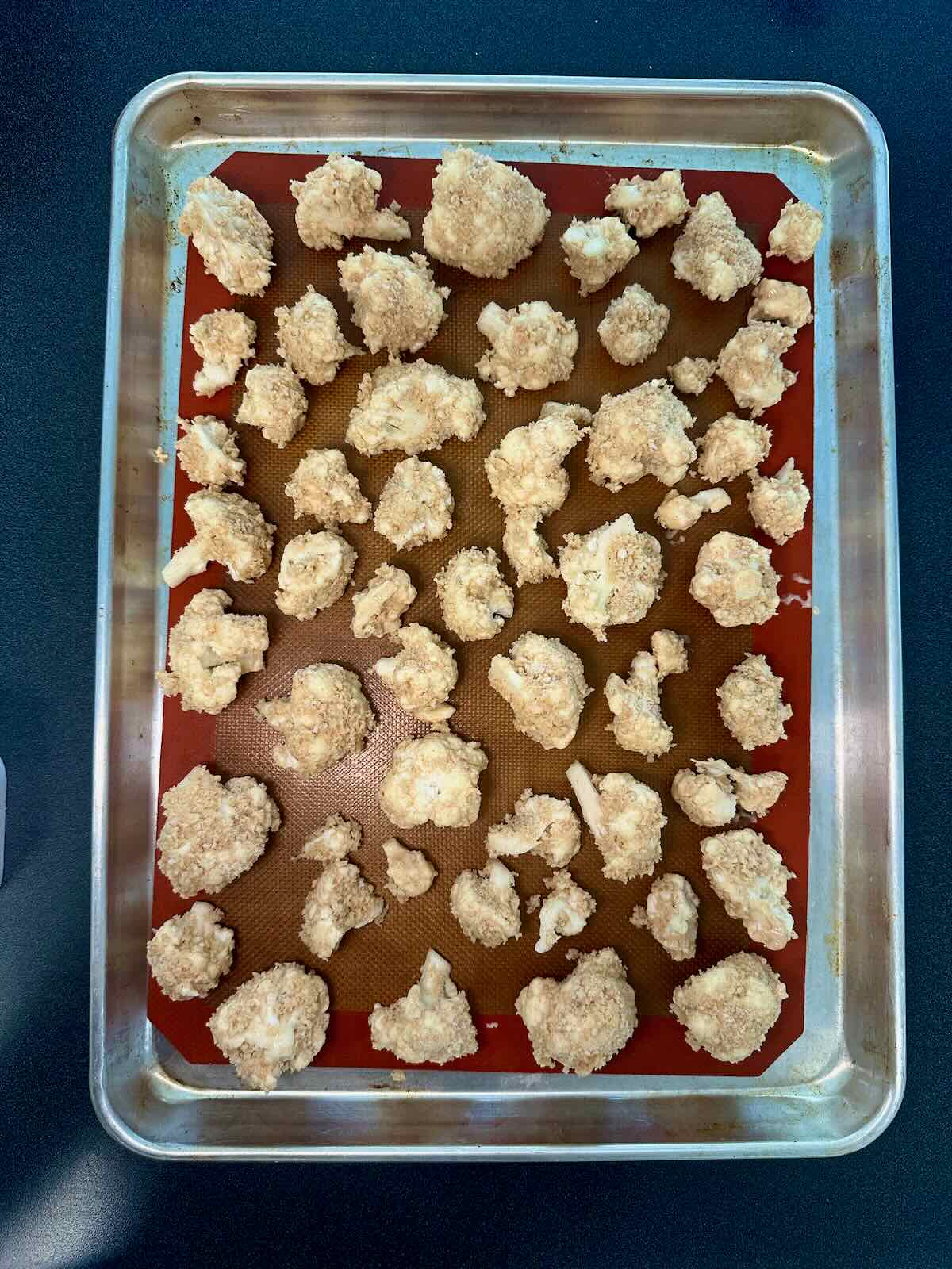 Baking crispy breaded cauliflower for buffalo cauliflower "wings".