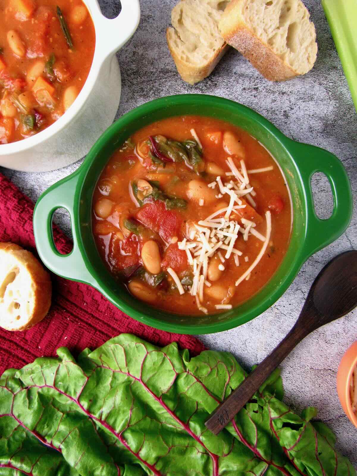 Hearty Vegan White Bean Soup with Swiss chard made in the Instant Pot.