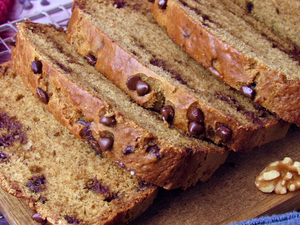 Close up of slices of Easy Vegan Banana Bread with chocolate chips.