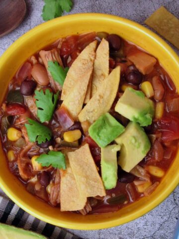 Overhead view of Vegan Tortilla Soup with homemade tortilla strips and pulled jackfruit.