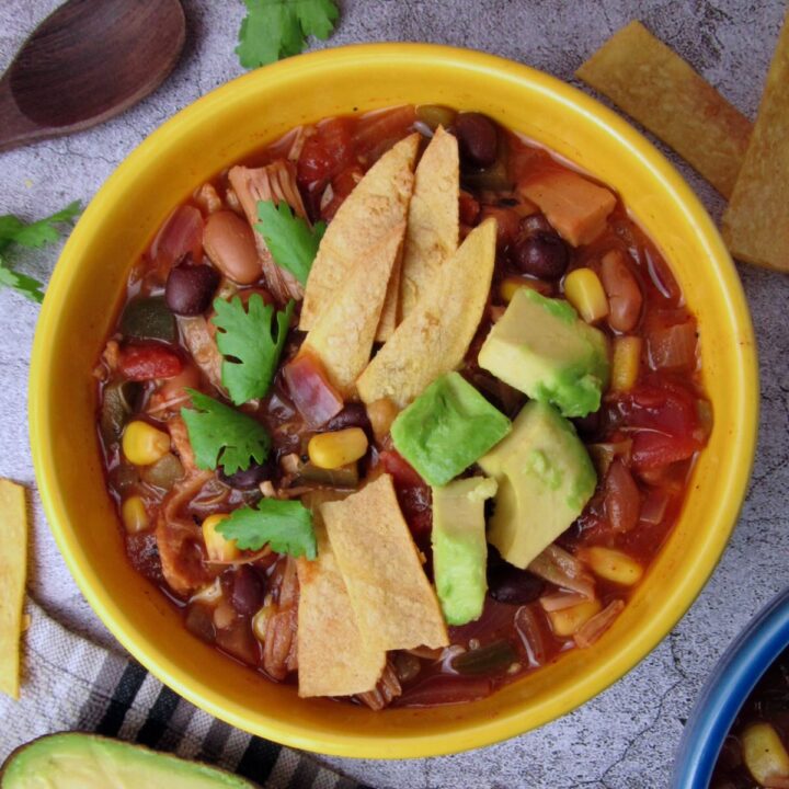 Overhead view of Vegan Tortilla Soup with homemade tortilla strips and pulled jackfruit.