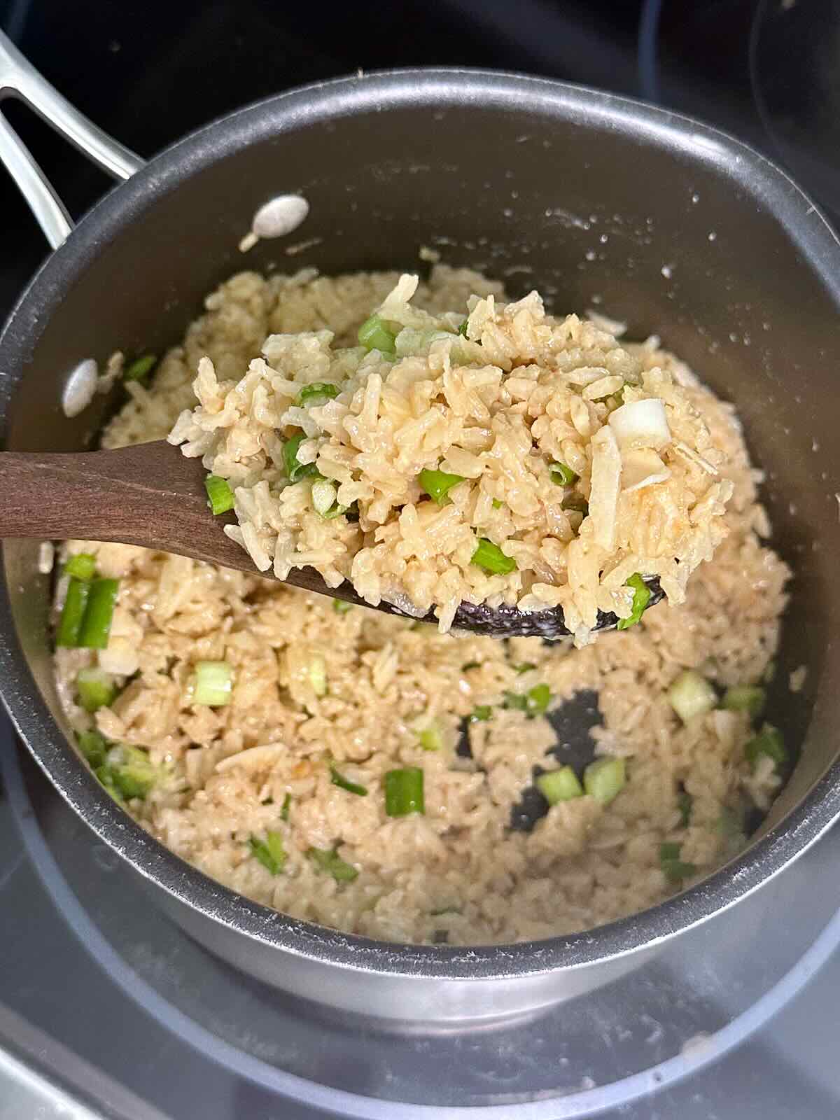 Fluffy rice with coconut and green onion.