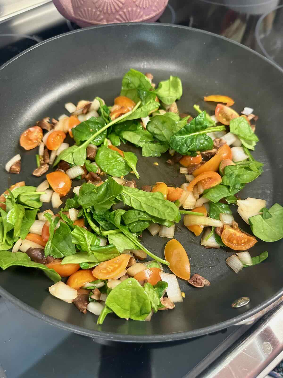 Sautéed veggies for a vegan mung bean omelette.