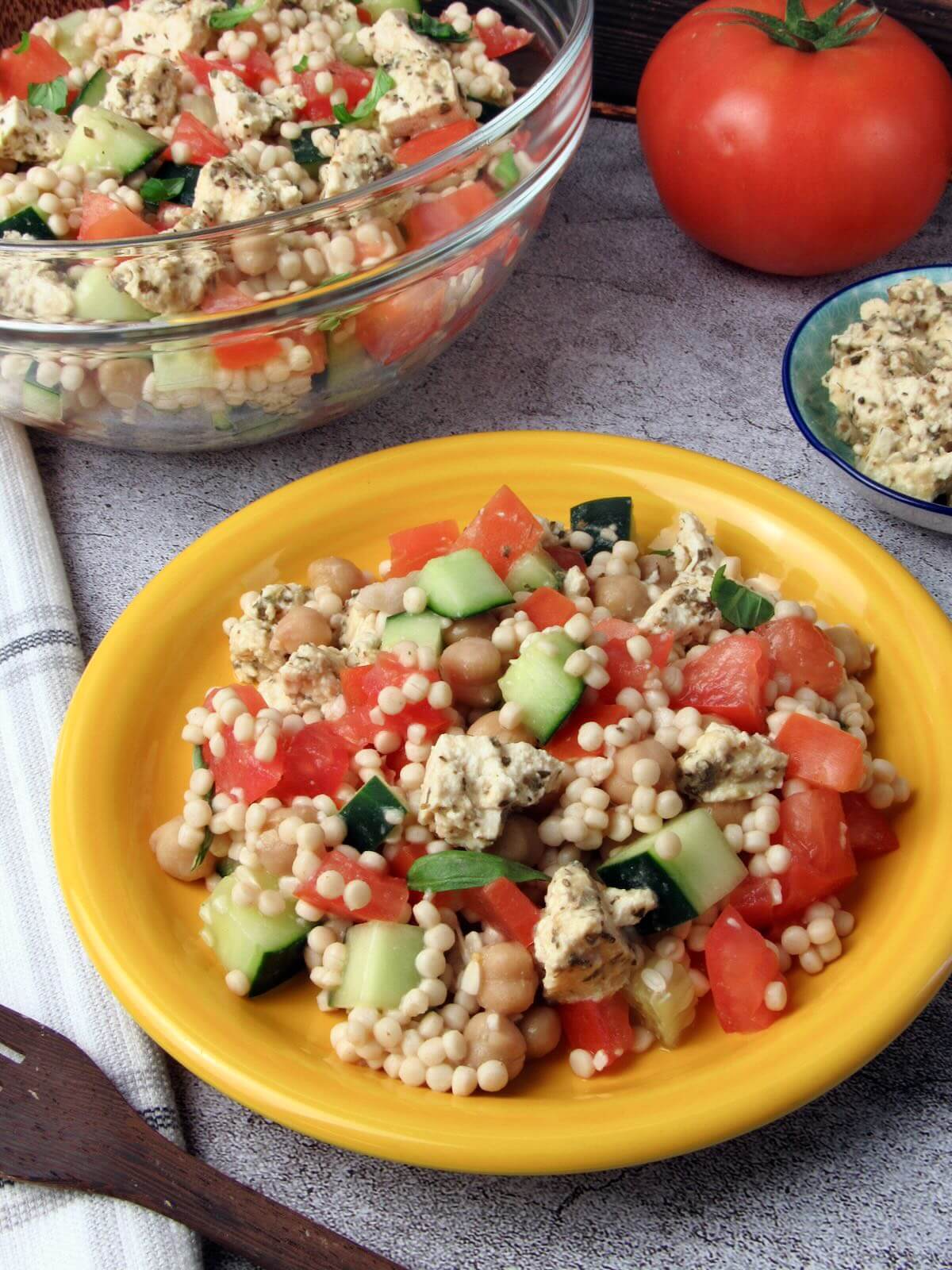 Chickpea Couscous Salad with fresh veggies and vegan tofu feta.