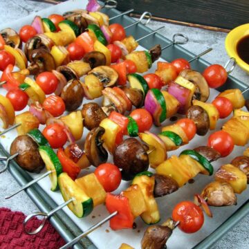 Close up of Pineapple Teriyaki Veggie Kebabs, marinated in homemade teriyaki sauce.