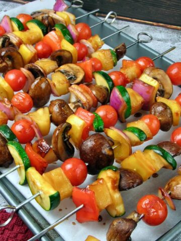 Close up of Pineapple Teriyaki Veggie Kebabs, marinated in homemade teriyaki sauce.