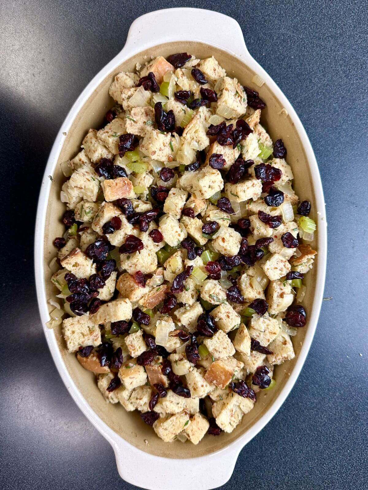 Vegan Sourdough Stuffing, ready to be baked for Christmas dinner.
