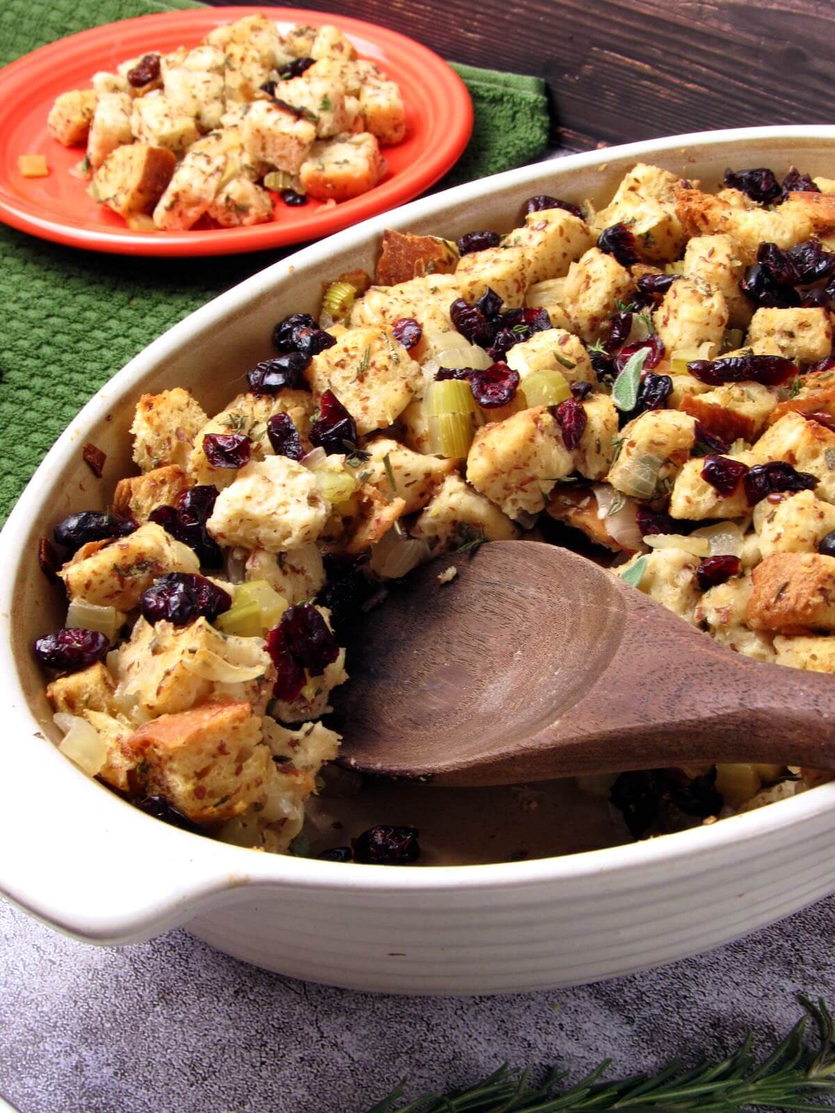 Vegan sourdough stuffing served as a Thanksgiving side dish.